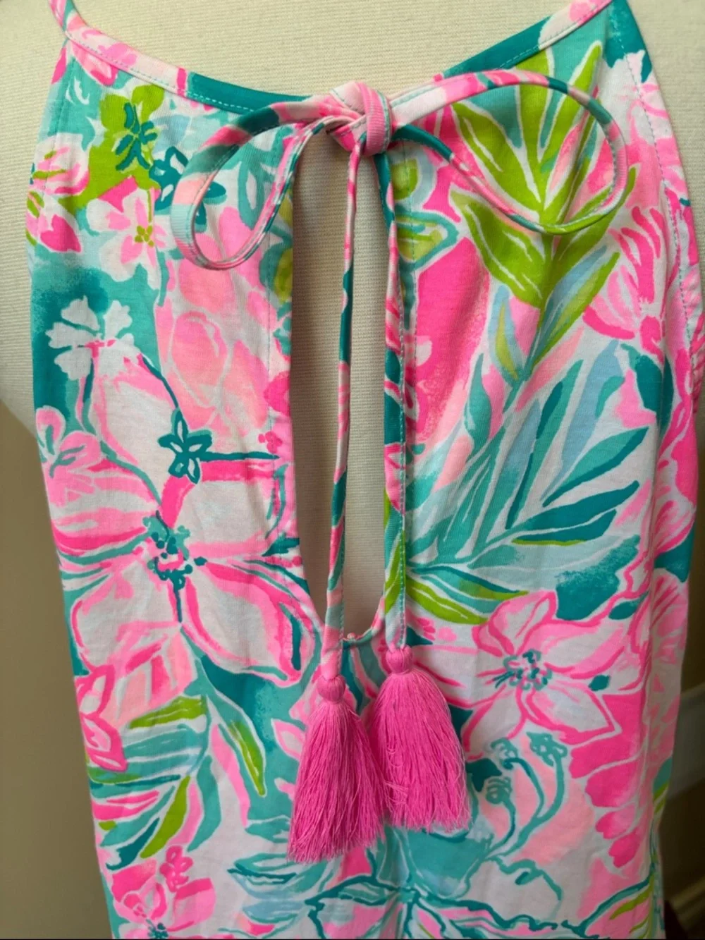 Lilly Pulitzer Pink/Teal Floral Halter A-line Silhouette Knee Length Dress Sz L - Picture 5 of 7
